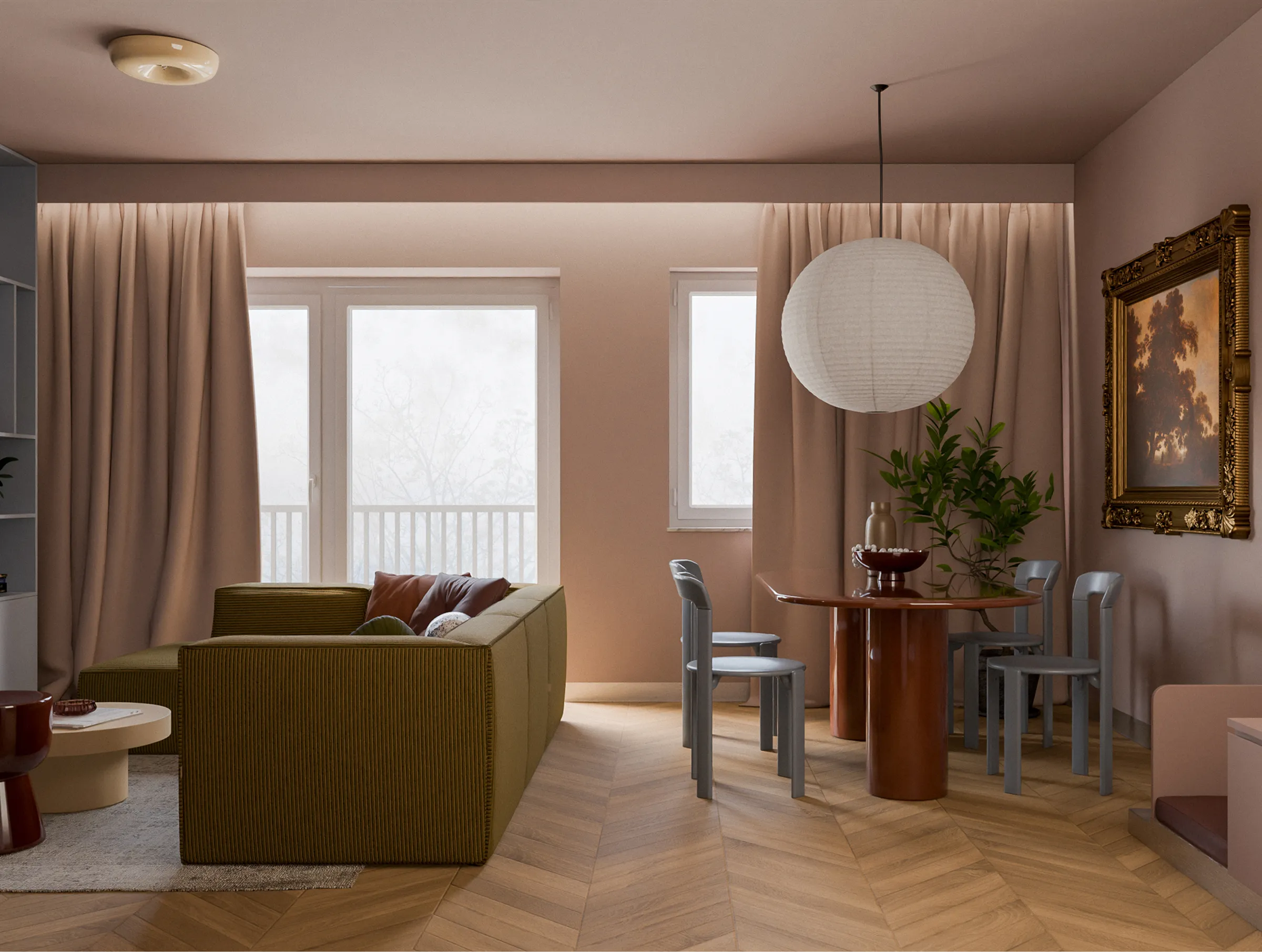 Salon w projekcie Ostoja Przylesie, projekt wnętrza prywatnego NAM STUDIO