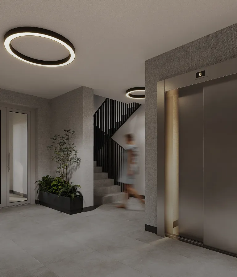 Klatka schodowa w projekcie Wichrowa Park - projekt wnętrza deweloperskiego, NAM STUDIO