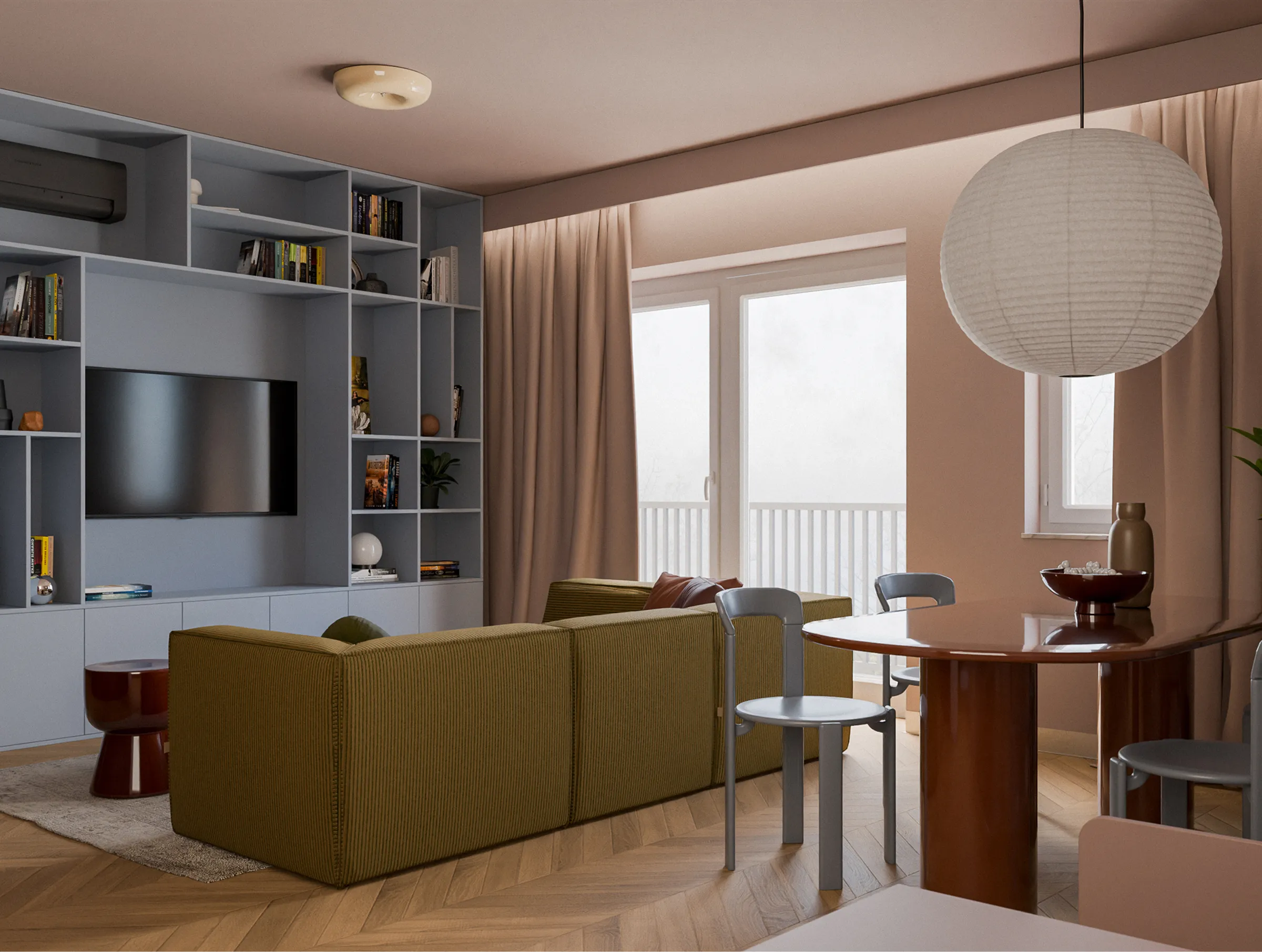 Salon w projekcie Ostoja Przylesie, projekt wnętrza prywatnego NAM STUDIO
