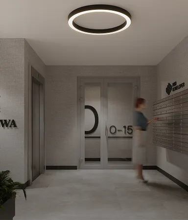 Część wspólna w projekcie Wichrowa Park - projekt wnętrza deweloperskiego, NAM STUDIO