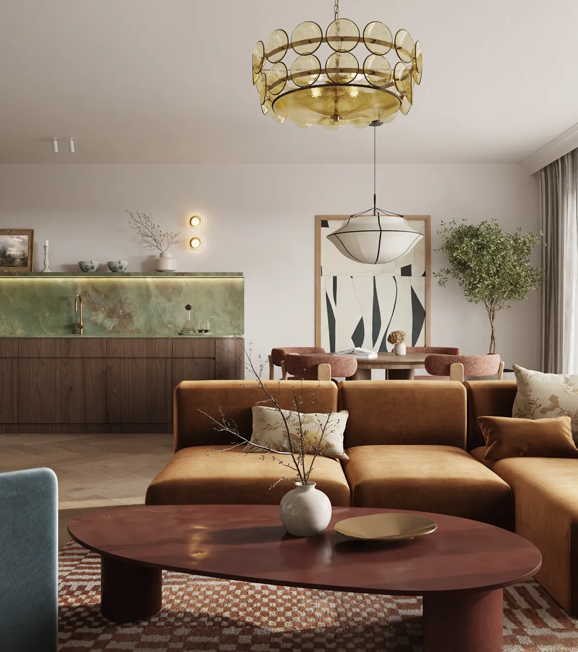 Salon z brązową sofą i jadalnią w projekcie Osiedle Bojerowa - NAM STUDIO
