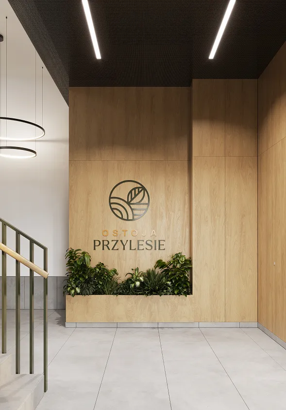 Przestrzeń wspólna inwestycji Ostoja Przylesie, projekt wnętrz deweloperskich NAM STUDIO