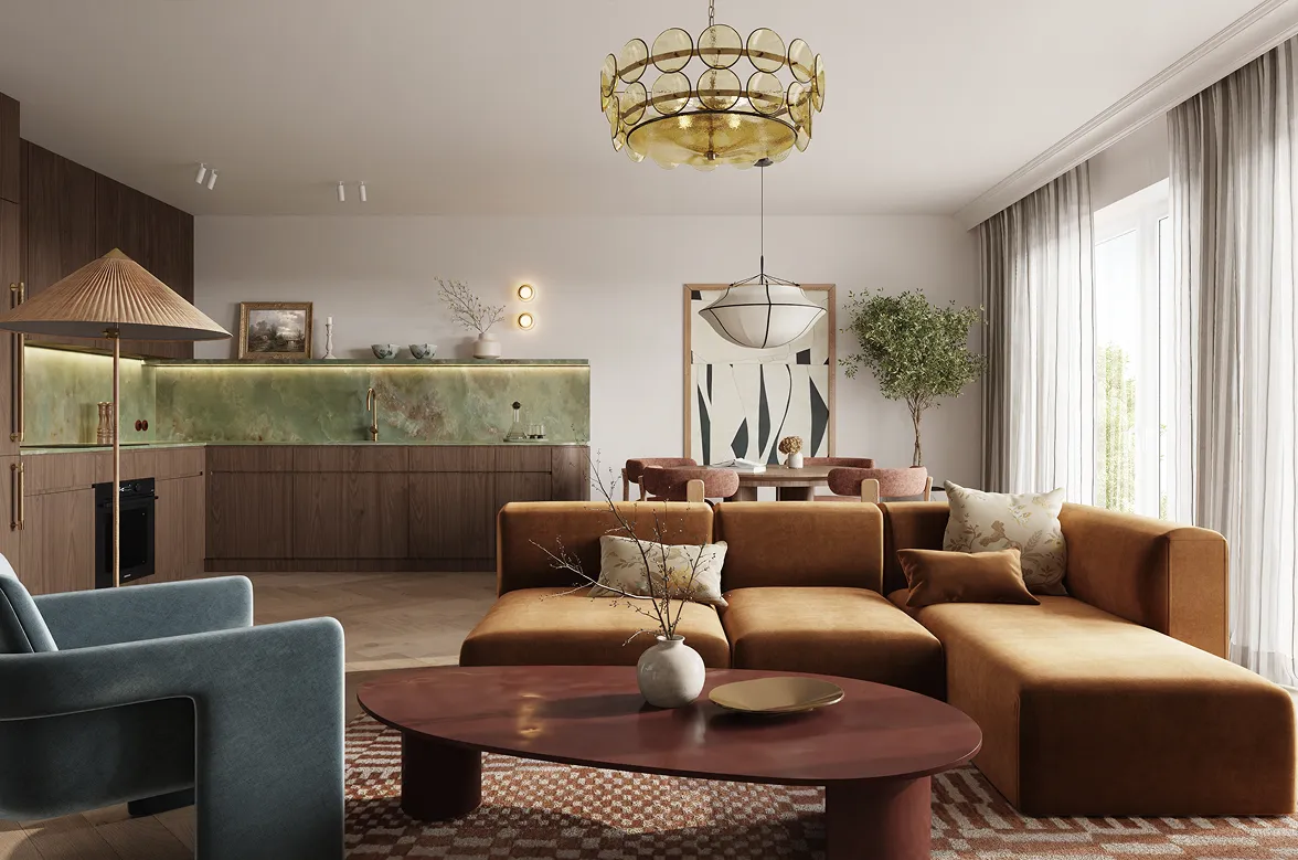 Salon z kuchnią w projekcie Osiedle Bojerowa - projekt wnętrza prywatnego, NAM STUDIO